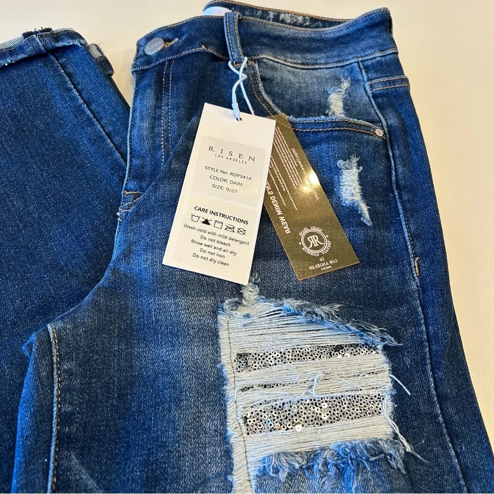 RISEN Jeans, size 9/29, Medium Wash, Silver Sequined Patches Behind Distressing - Picture 2 of 5